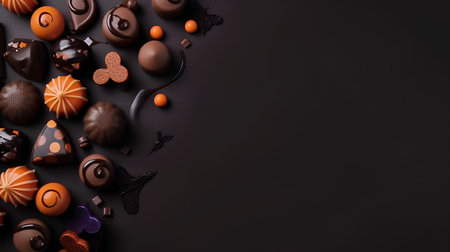 Chocolate candies on a black background. Top view with copy spaceの素材