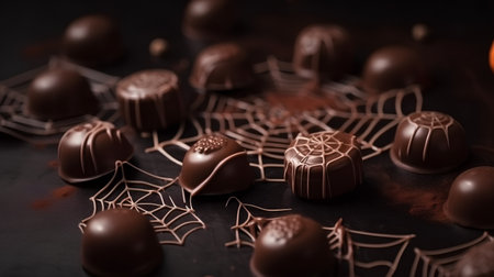 Chocolate candies with spider web on dark background. Selective focusの素材