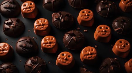 Chocolate candies with pumpkins on black background, closeupの素材