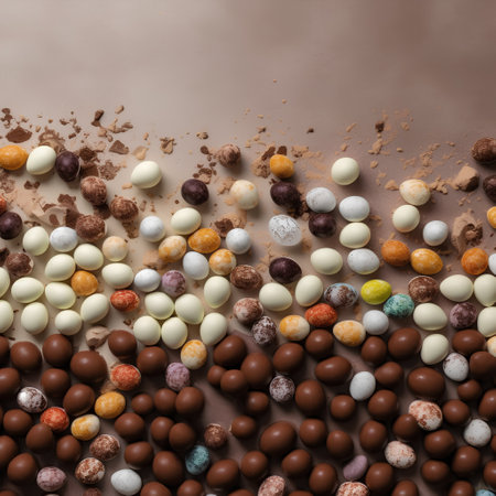 Chocolate Easter eggs and chocolate candies on a brown background.の素材