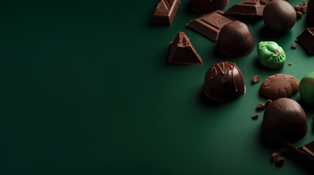 Chocolate candies on green background. Top view with copy spaceの素材