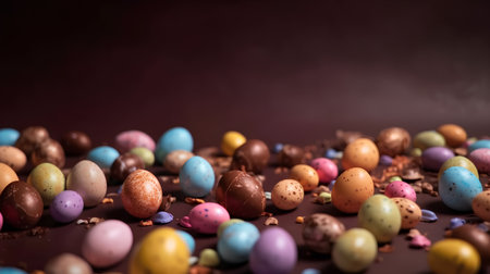 Colorful chocolate easter eggs on dark background with copy space.の素材