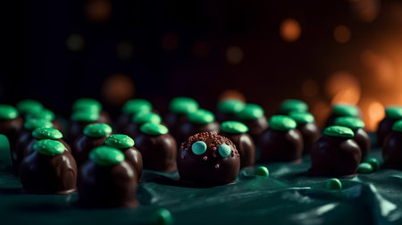 Chocolate candies on green background with bokeh effect.の素材