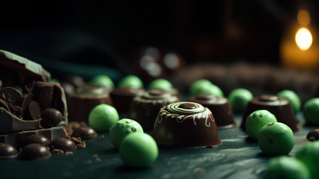 Chocolate candies with green candies on a dark background.の素材
