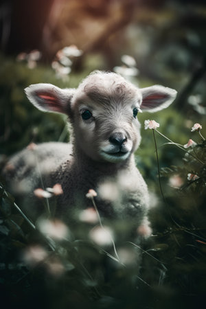 Cute lamb in the grass with flowers. Vintage style tonedの素材