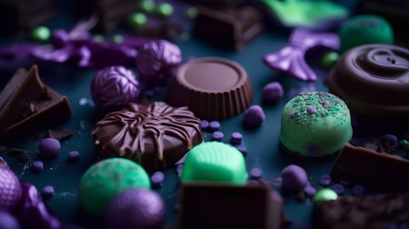 chocolates on a green background, close-up, macroの素材