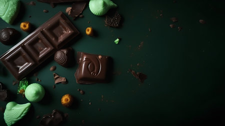 chocolate sweets on dark green background, top view, copy spaceの素材