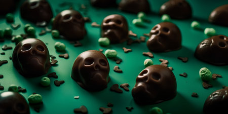 Chocolate candies on a green background. Selective focus. Toned.の素材