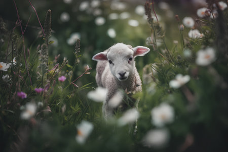 Cute lamb in the meadow with flowers. Selective focus.の素材