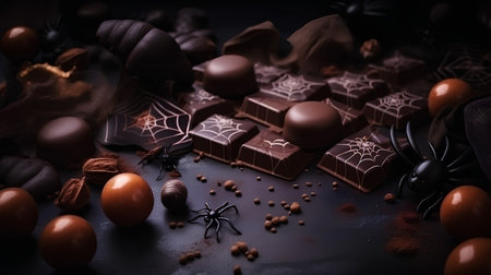 Chocolate sweets and spiders on black background. Halloween holiday concept.の素材