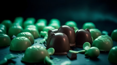chocolate candies on a dark background with green light and splashesの素材
