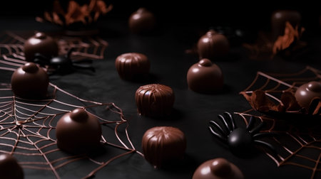 Chocolate candies and spiders on black background. Halloween concept.の素材
