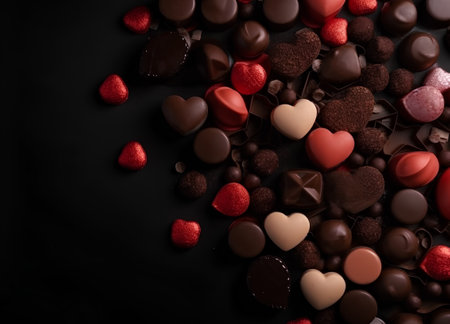 Chocolate candies on a black background. Valentine's Day.の素材