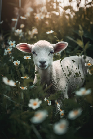 Cute lamb in the field with daisies, retro tonedの素材