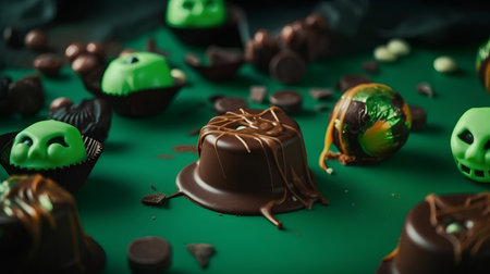 Chocolate candies on green table, close up. Halloween backgroundの素材