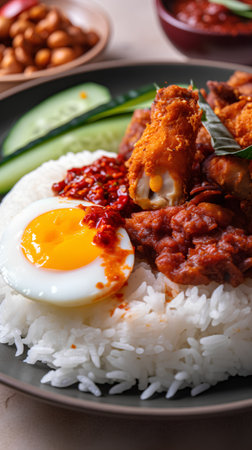 Rice topped with stir-fried chicken and fried egg, Thai foodの素材