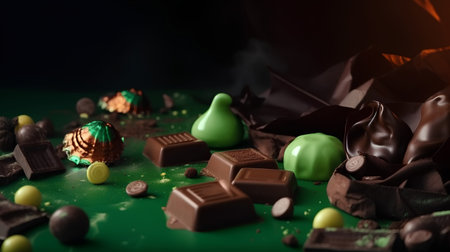 chocolate candies on a green background, closeup of photoの素材