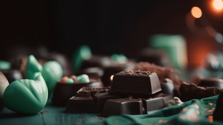 Chocolate candies on a green background, shallow depth of fieldの素材