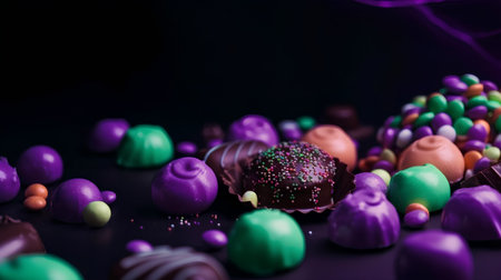Variety of delicious chocolate candies on dark background. Selective focusの素材
