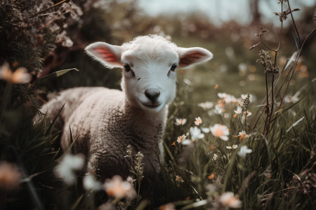 Cute lamb in a meadow with flowers. Spring season.の素材