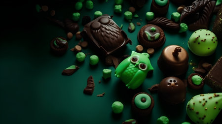 Chocolate sweets on green background with space for text, closeupの素材