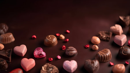 Chocolate candies on a dark background with hearts, selective focusの素材