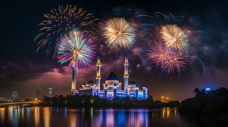 Beautiful fireworks display over the mosque at Putrajaya, Malaysiaの素材