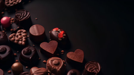 Chocolate candies on a black background with hearts. Copy space.の素材