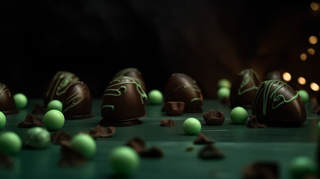 Chocolate candies on a dark green background with bokehの素材
