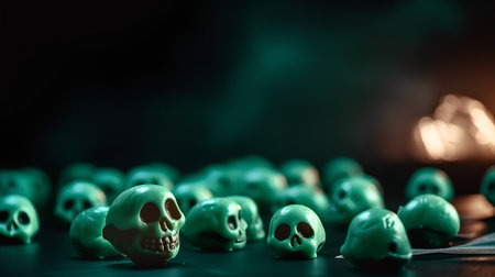 Halloween spooky background with green skulls and candles. Selective focusの素材