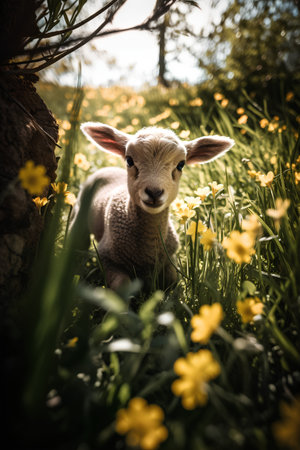 Cute little lamb in the meadow with yellow flowers. Toned.の素材