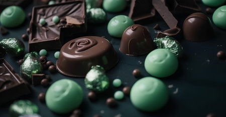 Chocolate candies with green and dark chocolate pieces on dark backgroundの素材