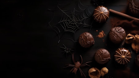 Chocolate candies, spider web and spiders on black wooden backgroundの素材