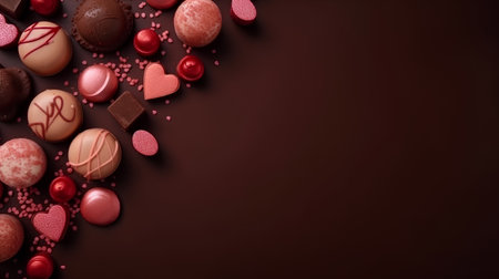 Chocolate background with candies and hearts, top view, copy spaceの素材