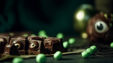 Chocolate candies with green decoration on dark background. Selective focus.の素材