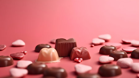 Chocolate candies and hearts on a pink background with copy spaceの素材