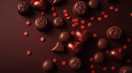 Chocolate candies with red hearts on a dark chocolate background.の素材