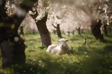 Sheep in the blooming garden. Spring landscape with flowers.の素材