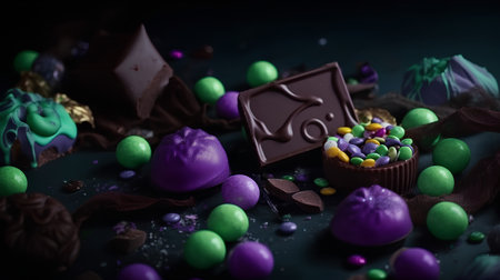 Dark chocolate candies and sweets on dark background. Selective focusの素材