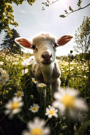 Cute lamb in a meadow with daisies and grassの素材