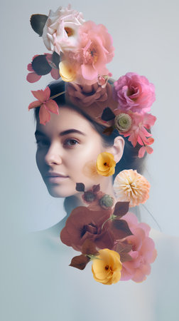 Portrait of beautiful young woman with flowers in her hair on gray backgroundの素材