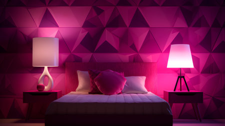 Interior of modern bedroom with pink geometric pattern. 3D renderingの素材