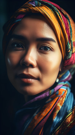 Portrait of a beautiful african woman with colorful headscarfの素材