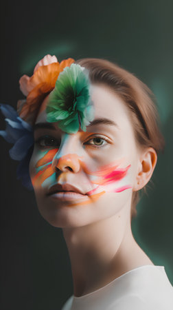 Portrait of a beautiful young woman with creative make-up and flowers in her hairの素材