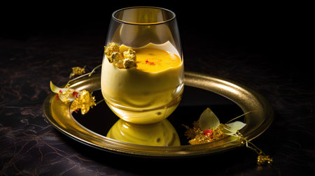 Panna cotta in a glass on a black background. Close upの素材