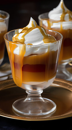 Panna cotta with caramel sauce and whipped cream in a glassの素材