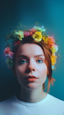 Portrait of a beautiful girl with a wreath of flowers on her headの素材