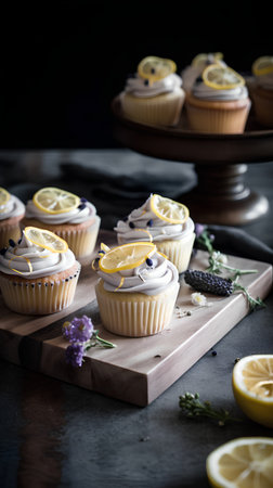 Lemon cupcakes with blackberry and lavender on dark backgroundの素材