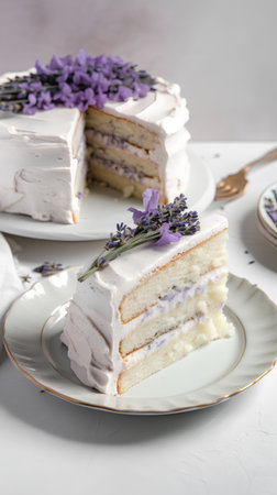 Lavender cake with whipped cream and fresh lavender flowers, verticalの素材