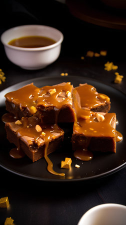 Caramel toffee cake with nuts and honey on a black backgroundの素材